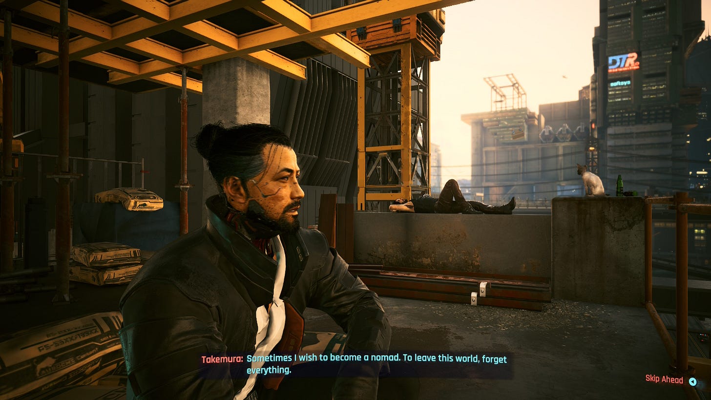A Cyberpunk 2077 screenshot. From a first person view, the player talks to Takemura, a Japanese man with his hair in a bun. In the background, Johnny Silverhand lays on the railing of a building.