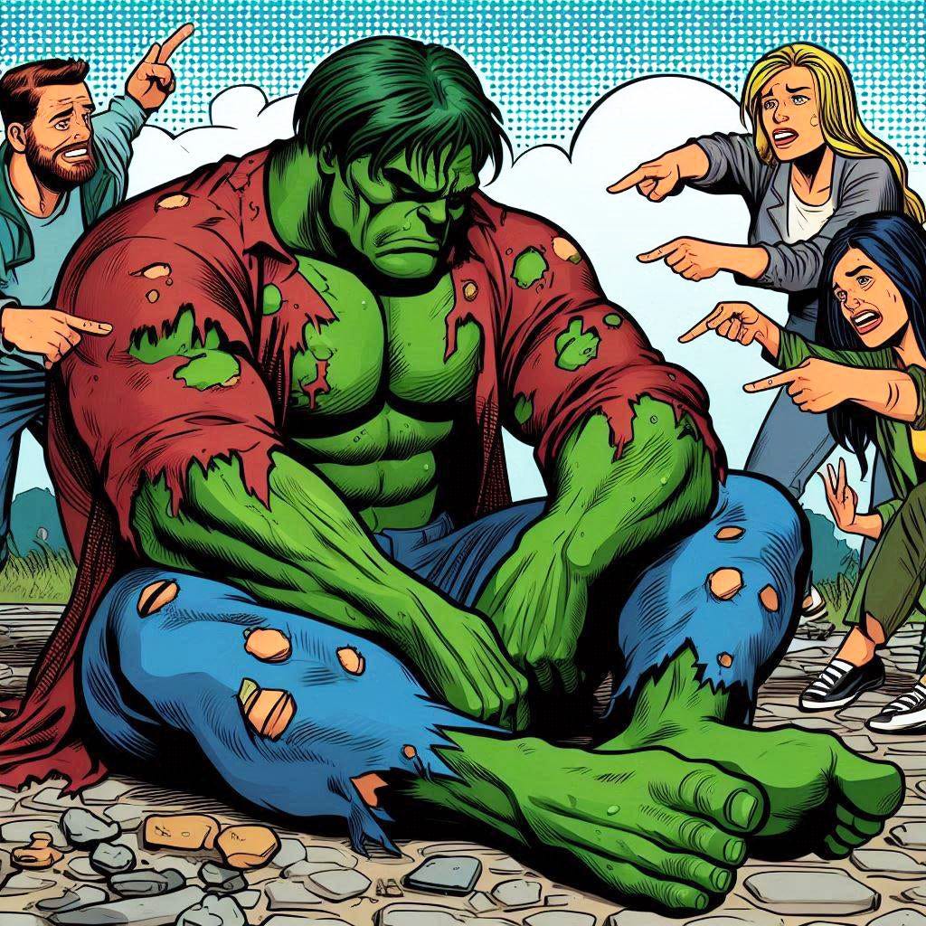 The Hulk, emotionally defeated, sits on the ground as a horde of activists shames him for his toxic masculinity in this superhero satire.