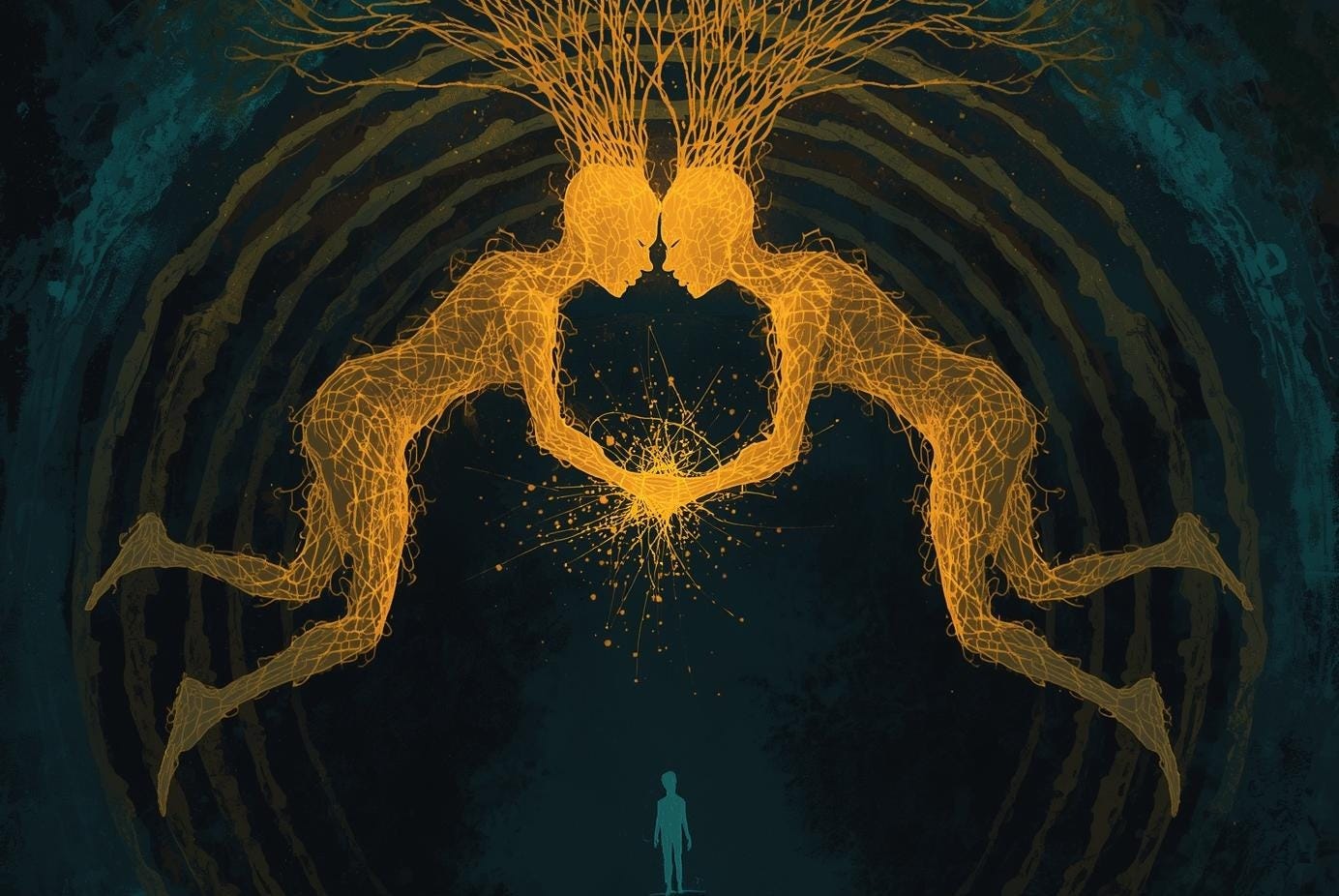 Two immense bioluminescent beings rendered in intricate golden filigree hover above, their luminous forms intertwined and cupping the void between them, while a solitary human figure stands impossibly small below in deep teal darkness, gazing upward into the geometry of light and presence.