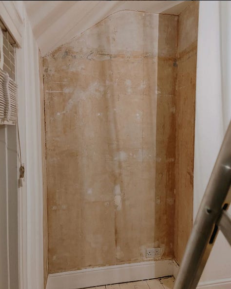 Various pictures showing various states of repairs from plugs being pulled out of the wall, to a wallpaper stripped wall with cracks, to.wall cracks being filled, to two freshly sanded floors and wall painted white