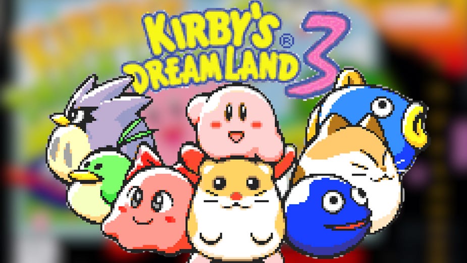 Kirby's Dream Land 3 cover with cartoon characters, including Kirby in the center, set against a colorful background with vibrant text.