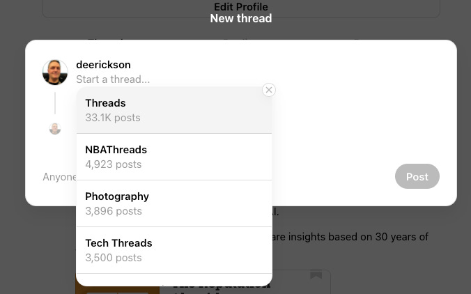 Screenshot of new Threads post showing hashtag drop down list