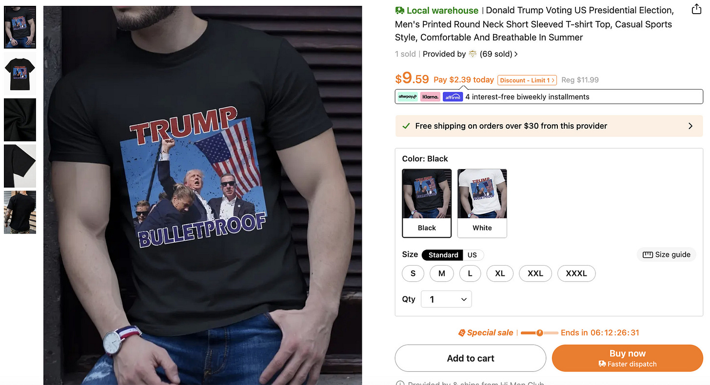 A Trump rally shooting t-shirt for sale on Temu