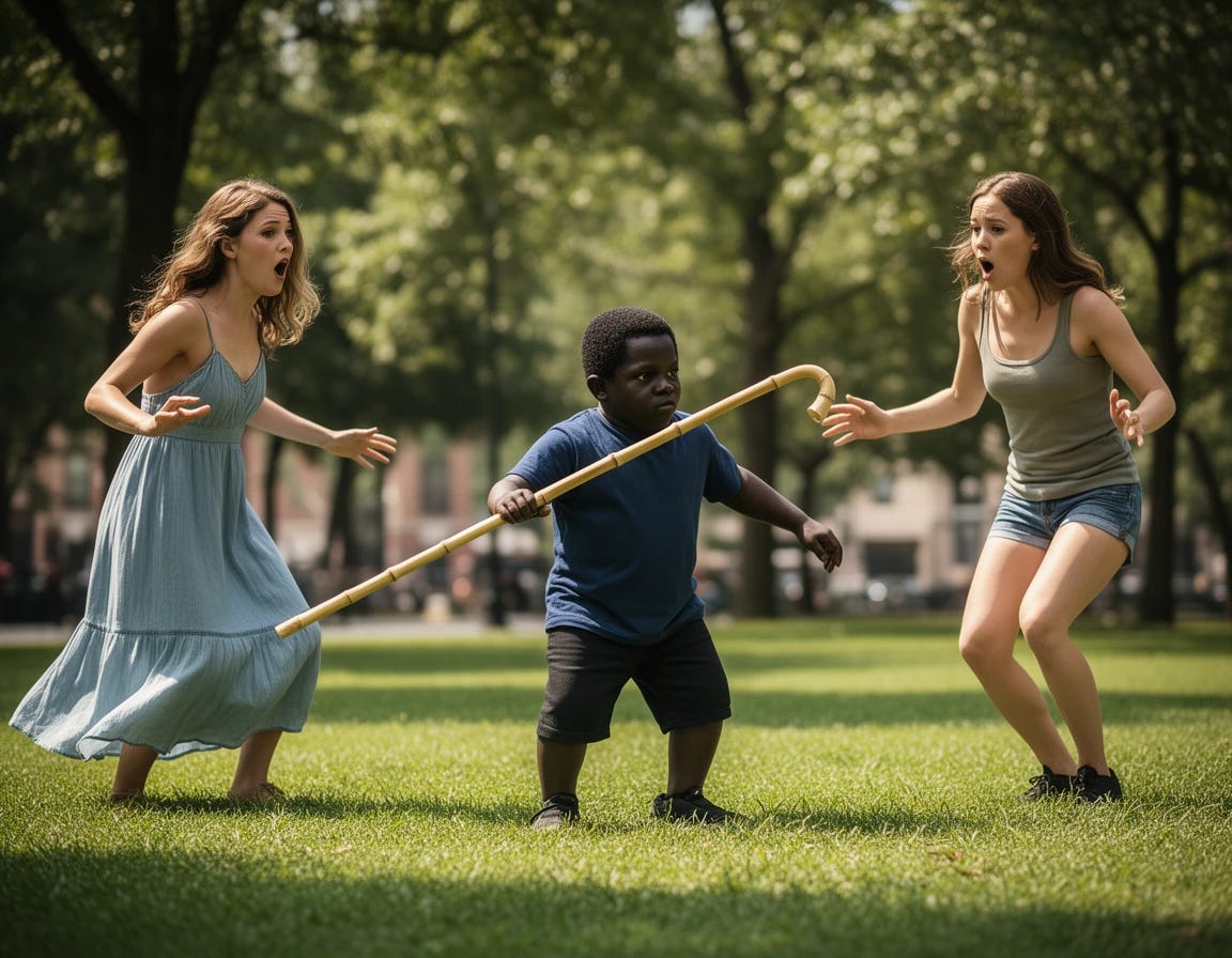Black midget dwarf with bamboo cain hitting two full grown women on the knees with his bamboo staff Black midget dwarf with bamboo cain hitting two full grown women on the knees with his bamboo staff