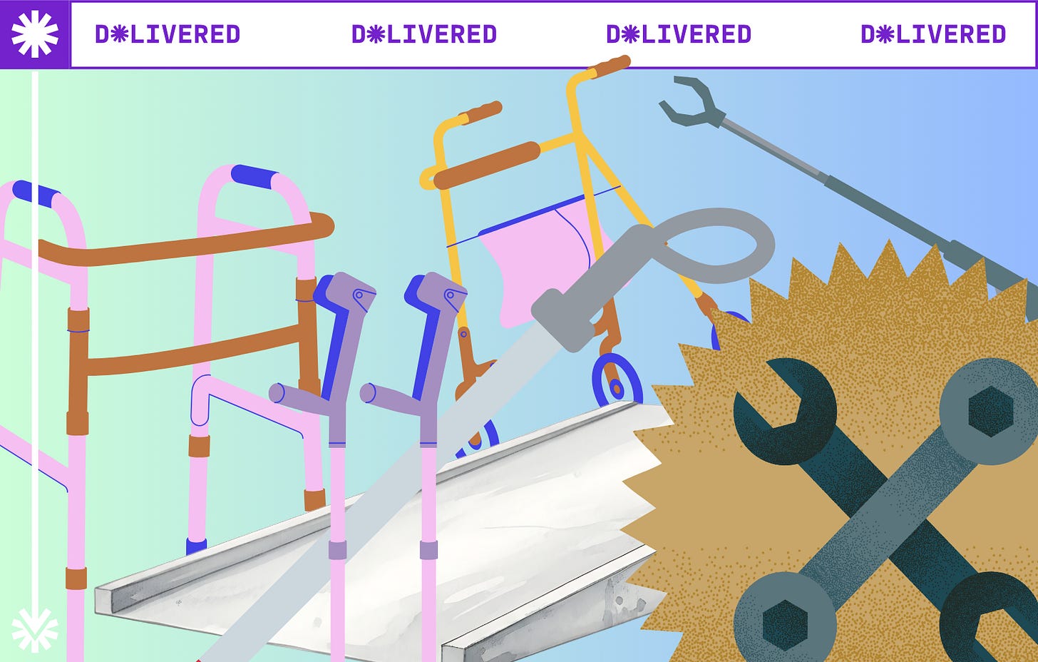 Illustrations of colourful walkers, crutches, canes, grabbers and a ramp, superimposed with a spanner against a blue-green gradient background