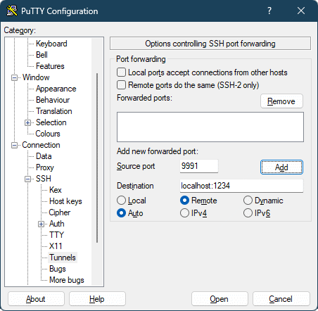 PuTTY tunnel configuration