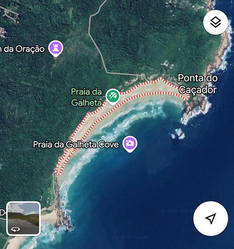 Three Google Maps screenshots zooming out in sequence from Galheta Beach to reveal its location on the Atlantic Coast of Brazil.