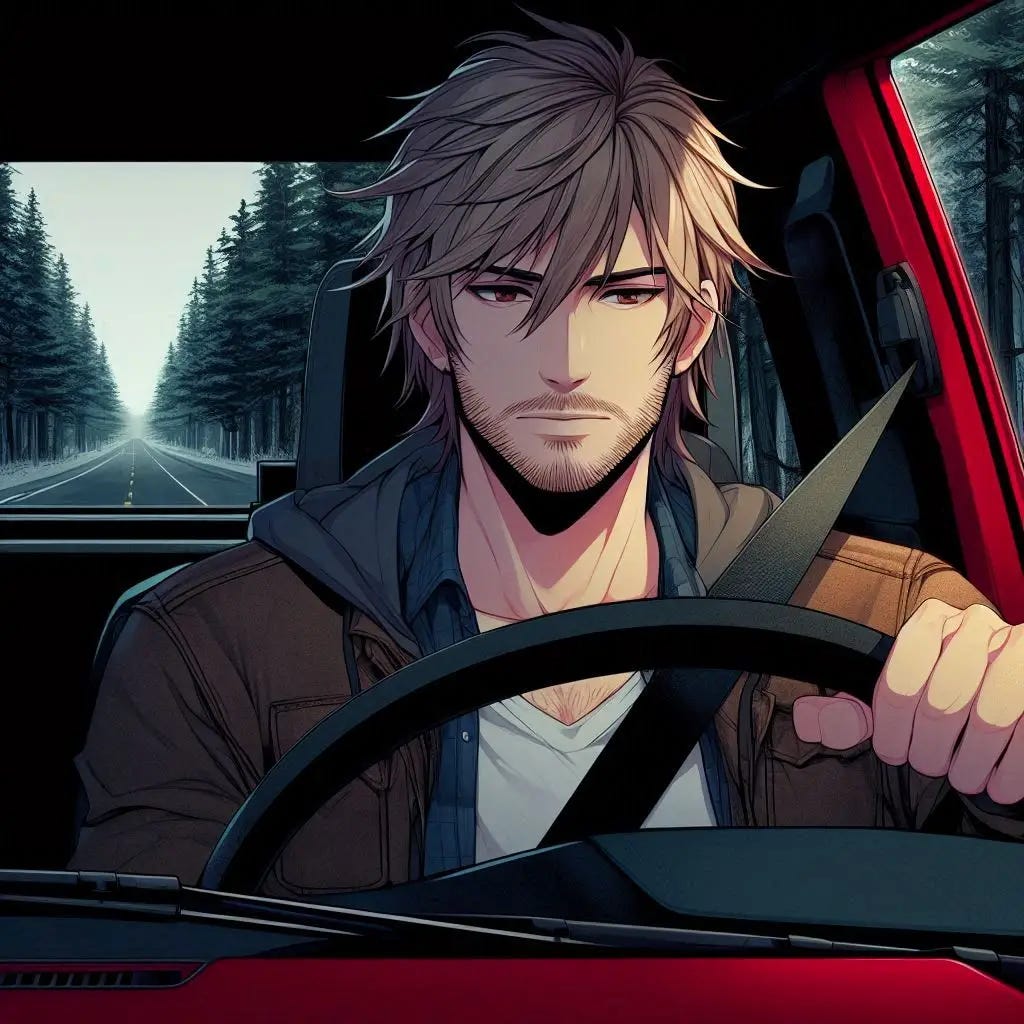 a man with dark blond hair and stubble driving in his red truck down a wooded highway. dark anime art style. 