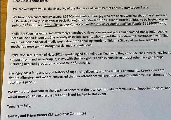 The letter sent by Hornsey and Friern Barnet Constituency Labour Party executive committee to the the Clissold Arms pub in Muswell Hill, north London, to cancel the Conservative-run debate attended by Kellie-Jay Keen