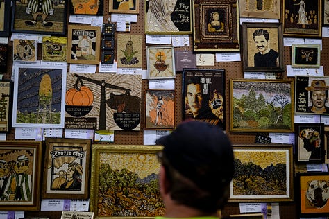 Overhead shot of attendees, friends in the gondola behind me on the Skyride, seed art wall at the Crop Art show, attendee looking over loaves of bread, amusement rides, golden hour behind the crowd, Sweet Martha's Cookies at night.