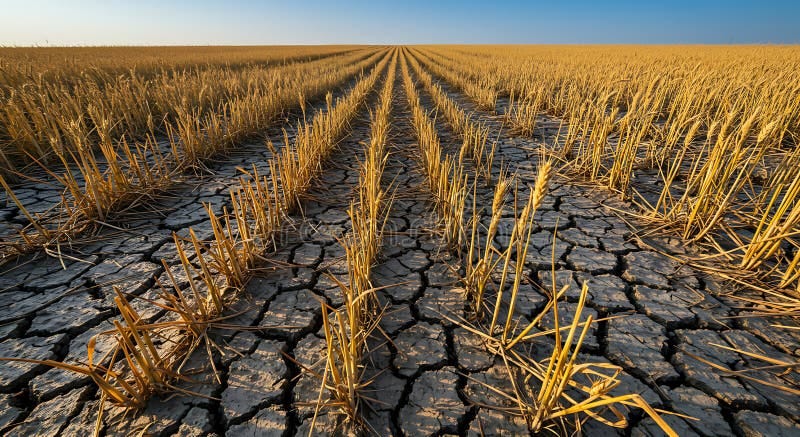Arid Wheat Field: Cracks in the Earth Tell a Story of Drought. Dry cracked earth, wheat field, drought, arid climate, environmental concern, agricultural crisis, global warming