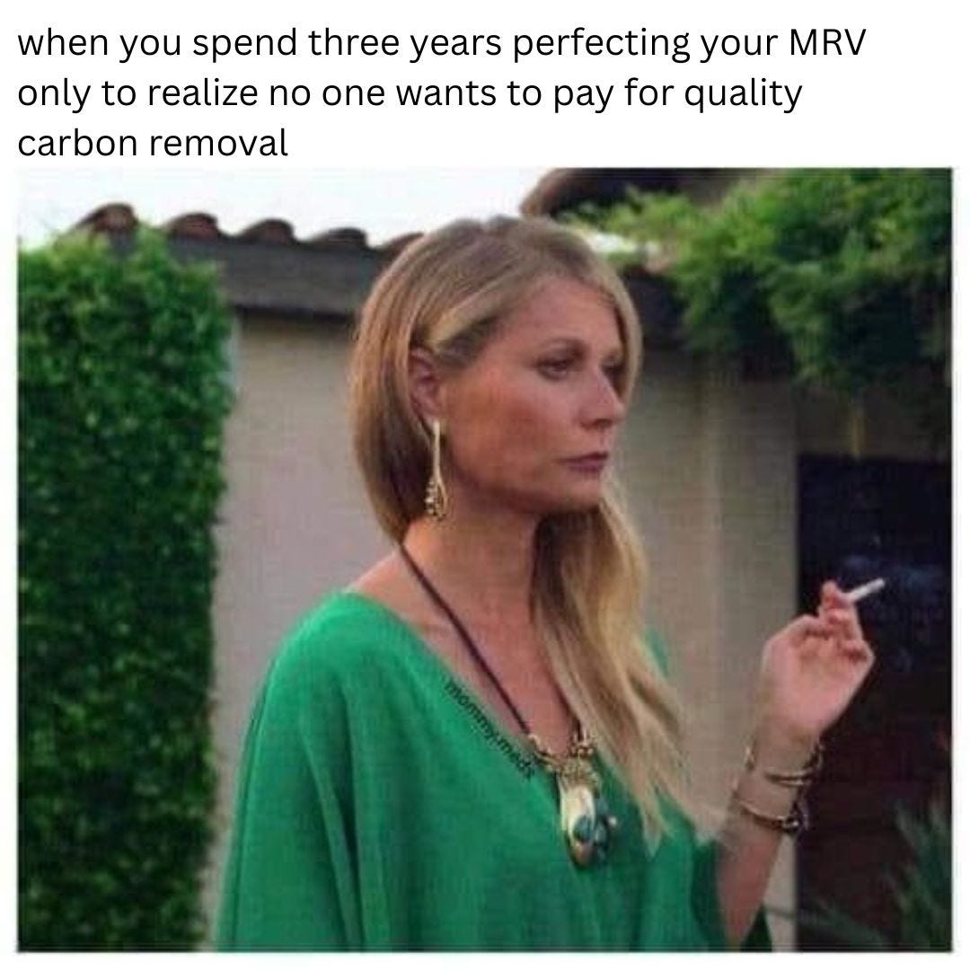 A woman in a green kaftan and long gold earrings stands in a garden holding a cigarette, staring off, unimpressed. Text above reads "when you spend three years perfecting your MRV only to realize no one wants to pay for quality carbon removal."