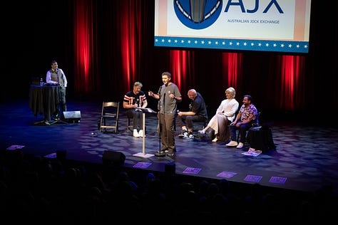 Photos of comedians on stage at the malthouse theatre peforming comedy.