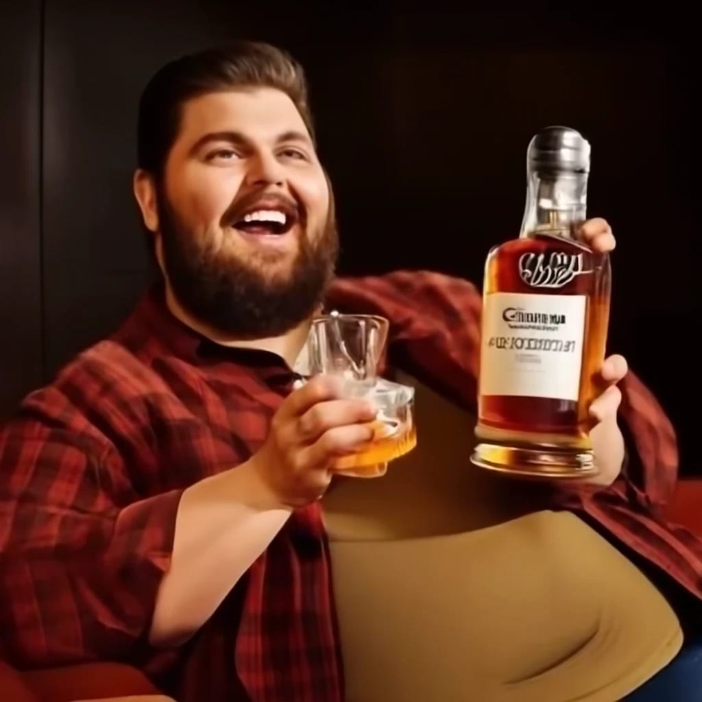 bald fat man enjoying a fine bourbon whiskey