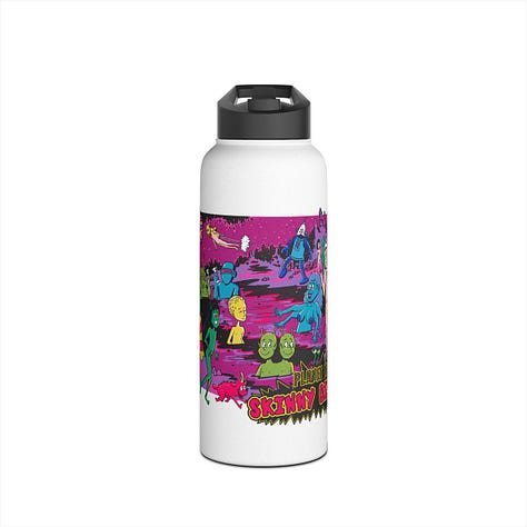 2025 Skinny Dip Day merch includes tanktops, stickers, coffee cup, canteen, and t-shirts in white, black, mint green, light blue, and azalea