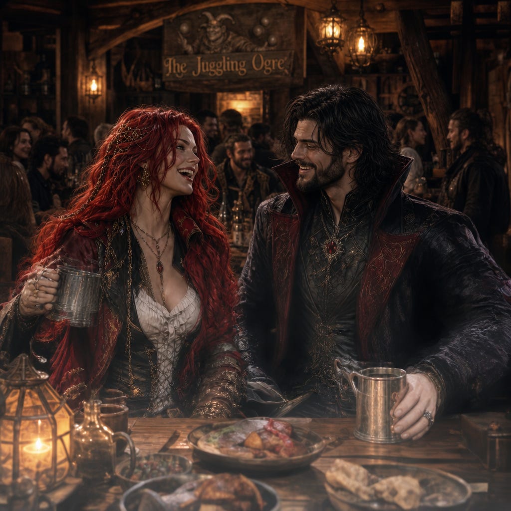 Fleetwood with his defined visual palette — tall, broad‑shouldered, angular sculpted features, storm‑steel eyes, dark tousled hair, and a short well‑kept beard — sitting close to Marla the Crimson with fiery red hair and sea‑glass eyes at a wooden table in the Juggling Ogre tavern, both leaning slightly toward each other sharing a warm conspiratorial laugh, hands resting near each other but not touching, lanternlight softening their features, bustling tavern blurred around them as if shaped by an Amber Temple illusion, stylized fantasy aesthetic, emotionally charged but non‑romantic