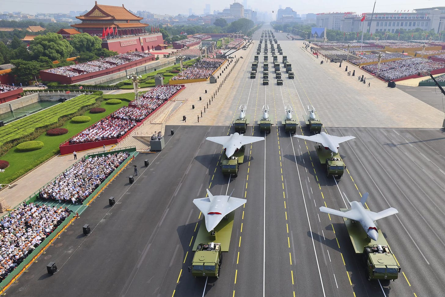 Drones and other armament formations pass during the military parade to commemorate the 80th anniversary of the end of World War II. Sept. 3, 2025. - Liu Xu/Xinhua via AP