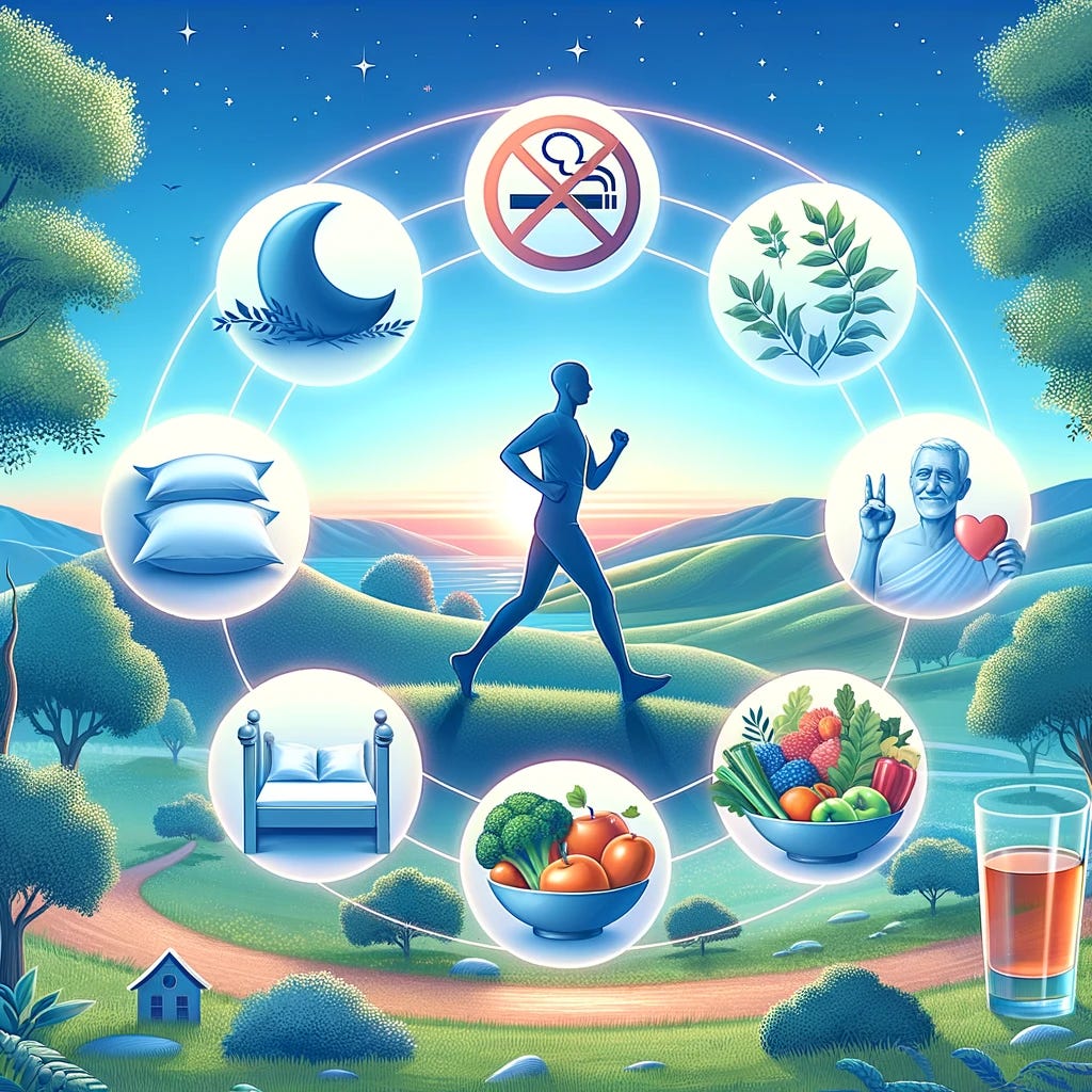 An illustration showcasing the five key lifestyle behaviors for reducing the risk of Irritable Bowel Syndrome. The image features a serene landscape with symbols representing each behavior: a no smoking sign, a pillow and moon for optimal sleep, a person running to symbolize vigorous physical activity, a plate of colorful vegetables and fruits to represent high dietary quality, and a glass with a moderate amount of liquid to indicate moderate alcohol intake. The scene is set in a peaceful park, under a clear blue sky, conveying a sense of wellness and balance.