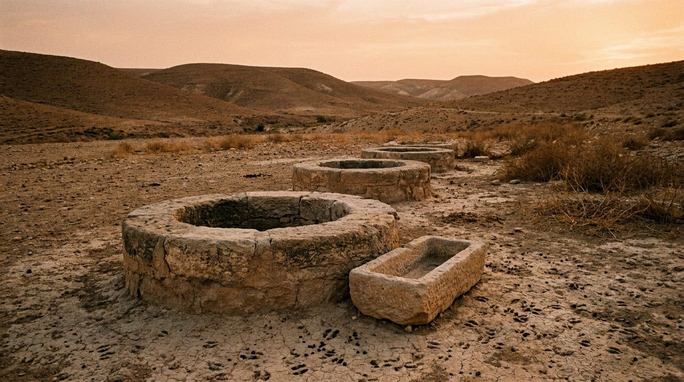 Three stone well mouths in a wide dry valley in the Negev at evening, a stone water trough beside the nearest, goat tracks in the dust, low hills beyond, no people, no text Three stone well mouths in a wide dry valley in the Negev at evening, a stone water trough beside the nearest, goat tracks in the dust, low hills beyond, no people, no text