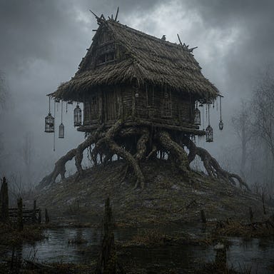 Baba Lysaga’s hut at rest on a swampy hilltop, crooked wooden walls, sagging thatched roof, perched on massive gnarled roots curled beneath it, fog drifting around the structure, eerie stillness