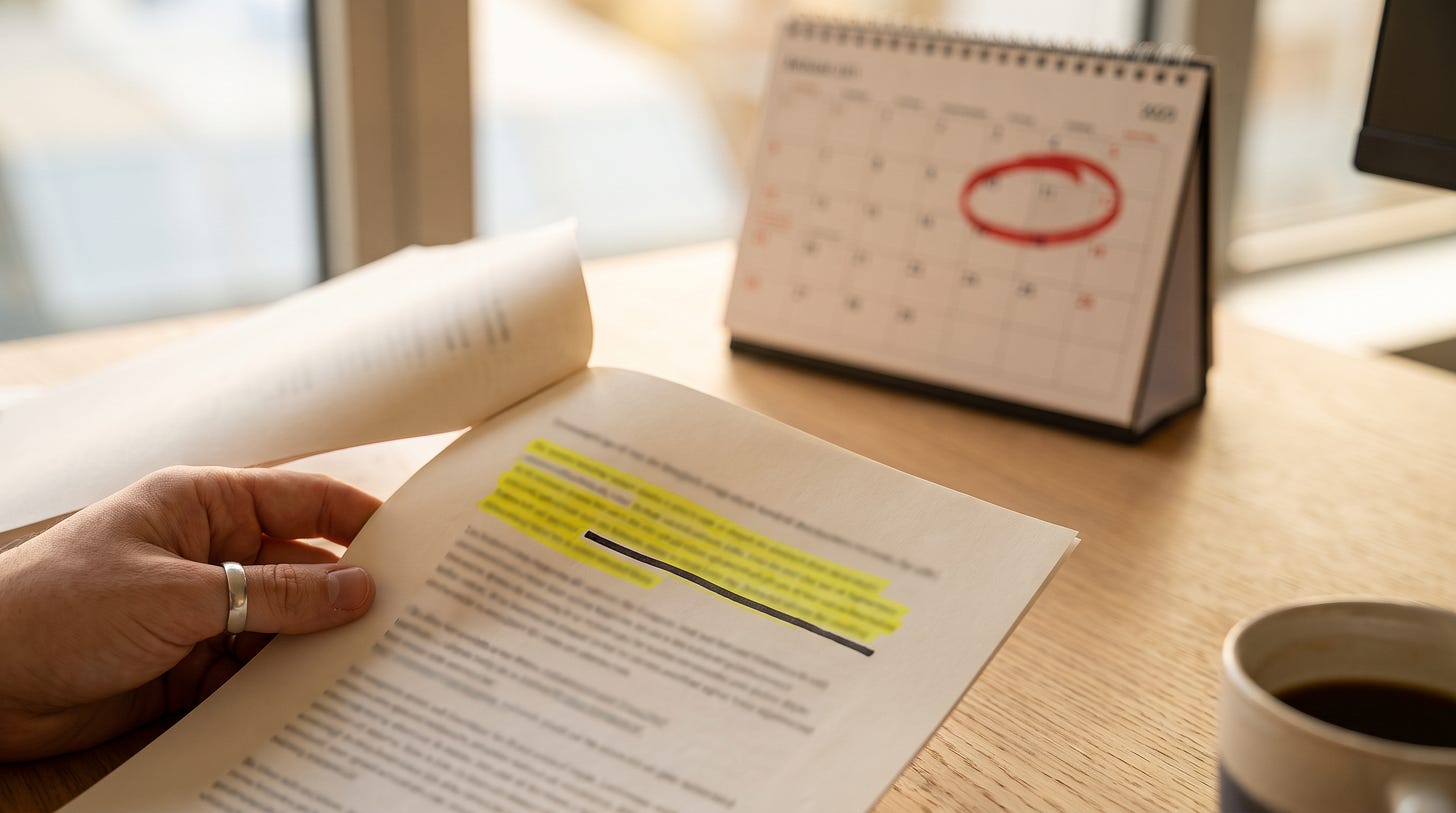 Een hand houdt een contract open bij de opzegclausule terwijl op de kalender ernaast de verlengingsdatum al is gepasseerd Een hand houdt een contract open bij de opzegclausule terwijl op de kalender ernaast de verlengingsdatum al is gepasseerd