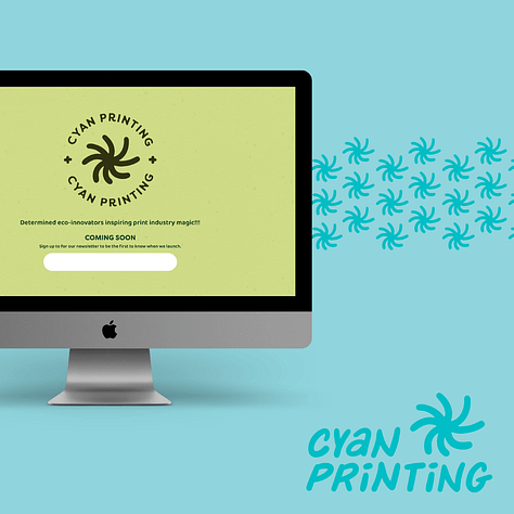Collection of created brand assets for Cyan Printing passion project: color scheme, mockups and logo design.