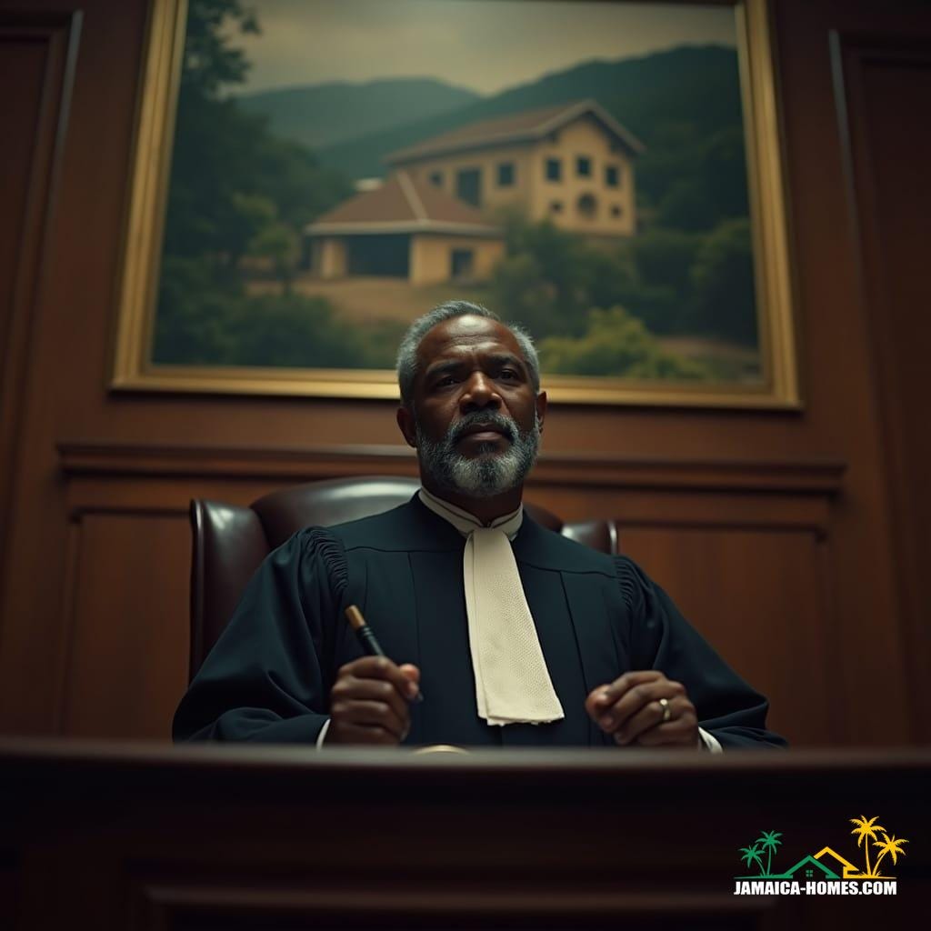 A judge, dressed in formal robes, holding a gavel, stands in a dimly lit, atmospheric courtroom, surrounded by rich, dark wood paneling