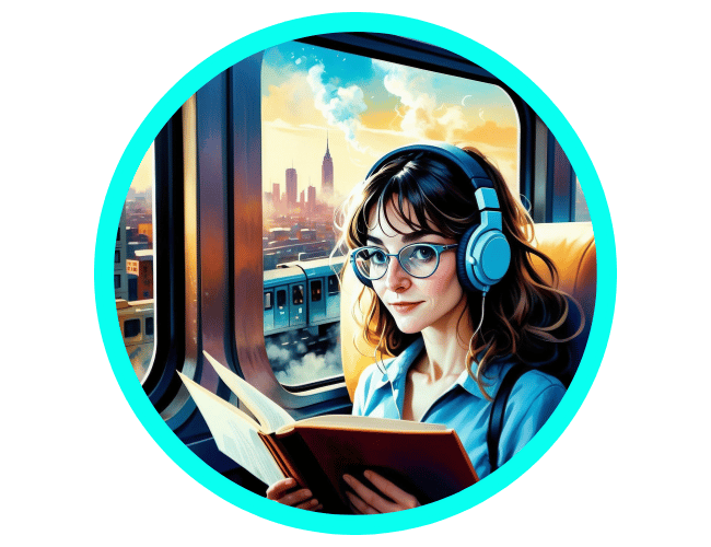 "Illustration of a young woman with wavy hair, wearing large round glasses and headphones, reading a book by a train window. The scene is framed in a circular turquoise border, with a sunset cityscape visible outside the window, featuring tall buildings and a warm, cloudy sky."