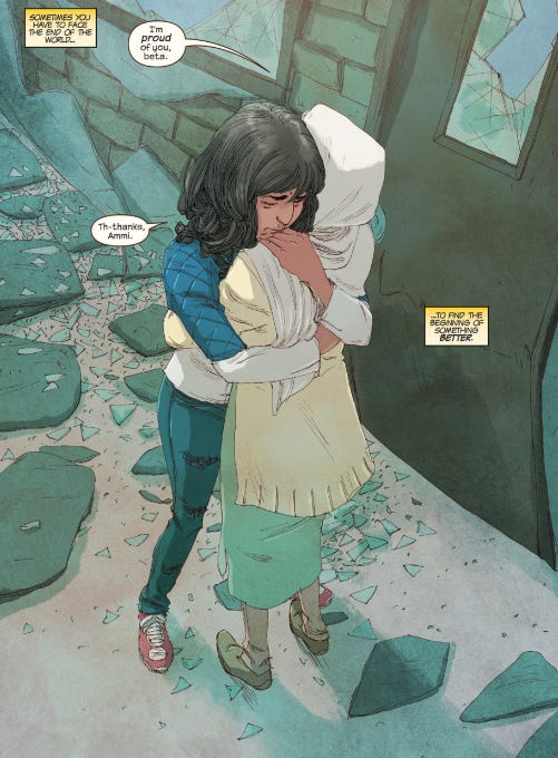 kamala and her mom hug at her school, surrounded by fallen stone. her mom tells her she is proud of her.