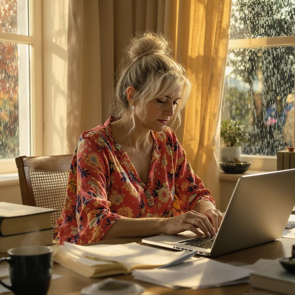 A woman is sitting at her laptop, working hard on her college work.