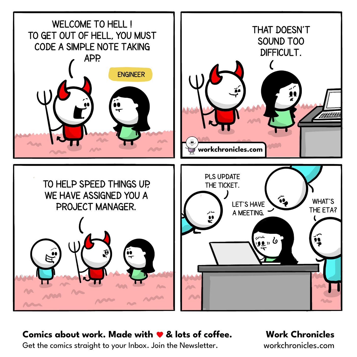 A comic showing a developer in hell tasked with coding a simple note-taking app, only to suffer even more when a project manager is assigned — asking for ticket updates, meetings, and ETAs. A comic showing a developer in hell tasked with coding a simple note-taking app, only to suffer even more when a project manager is assigned — asking for ticket updates, meetings, and ETAs.