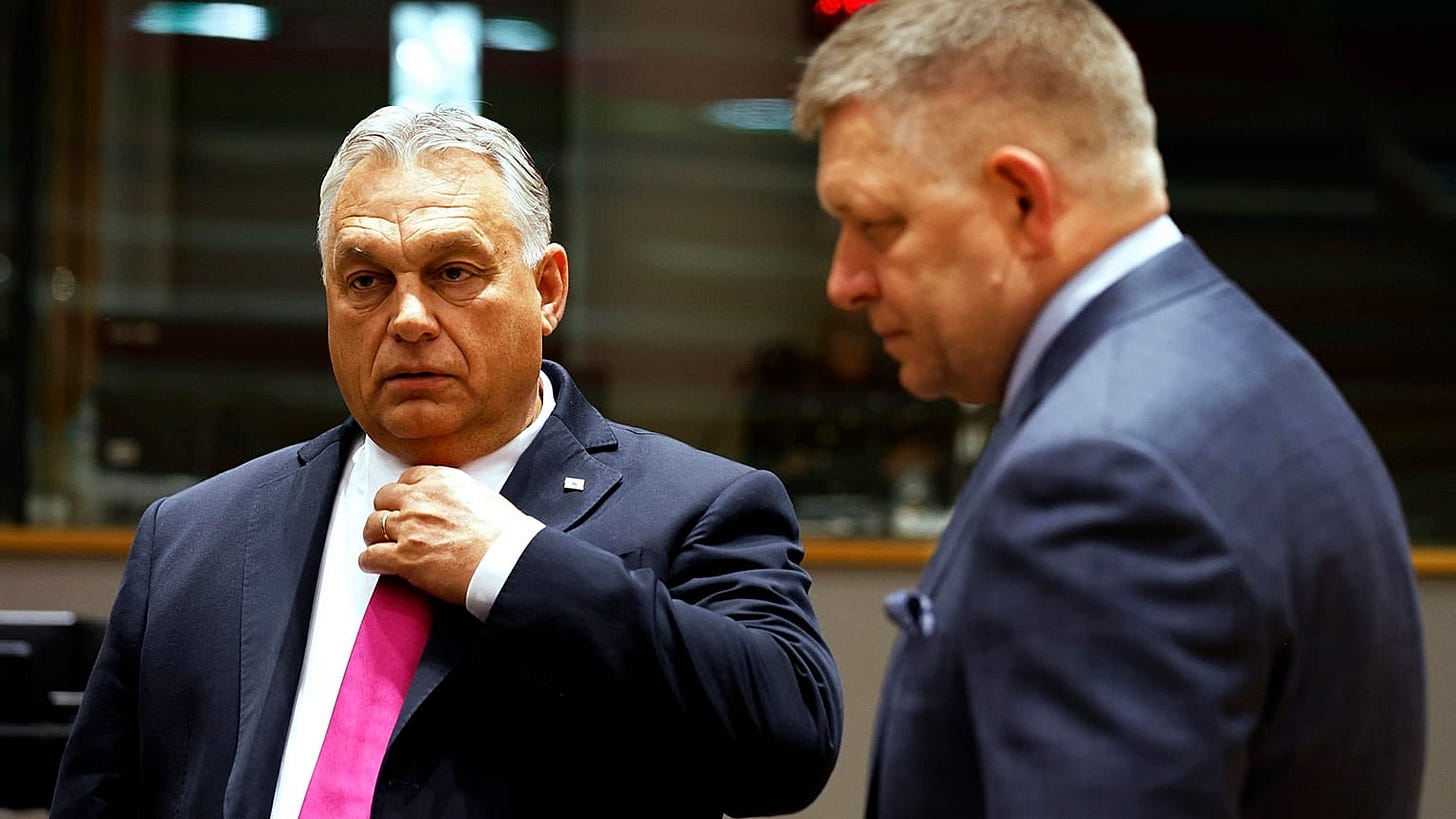 Hungarian Prime Minister Viktor Orbán next to Slovak Prime Minister Robert Fico during a summit of EU leaders in Brussels.