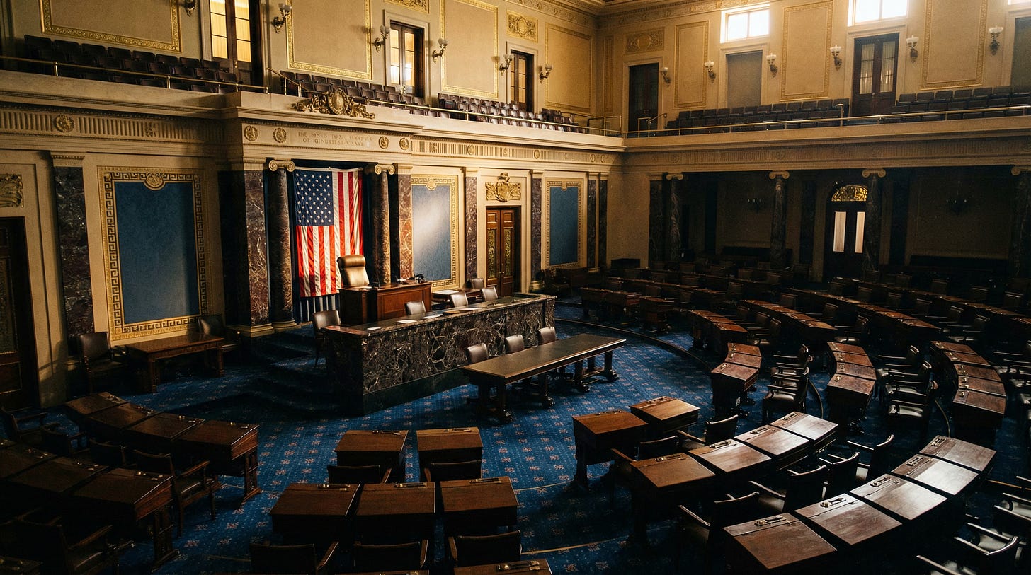 AI-generated illustration of an empty U.S. Senate Chamber, symbolizing Congressional legislation and oversight.