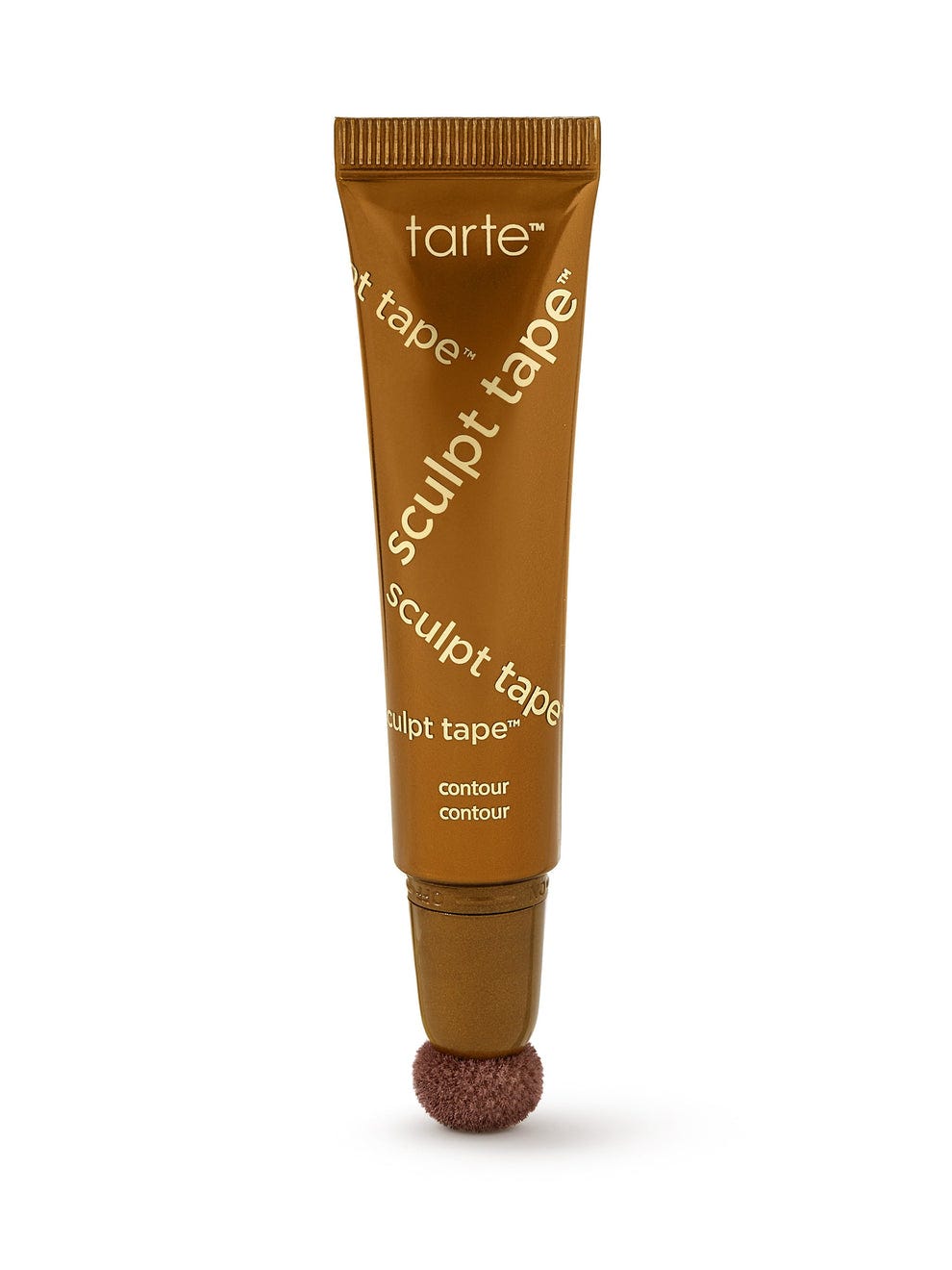 Gold-brown Tarte sculpt tape contour tube stands upright on its round sponge applicator against a white background. Text: tarte™ sculpt tape™ contour contour Gold-brown Tarte sculpt tape contour tube stands upright on its round sponge applicator against a white background. Text: tarte™ sculpt tape™ contour contour