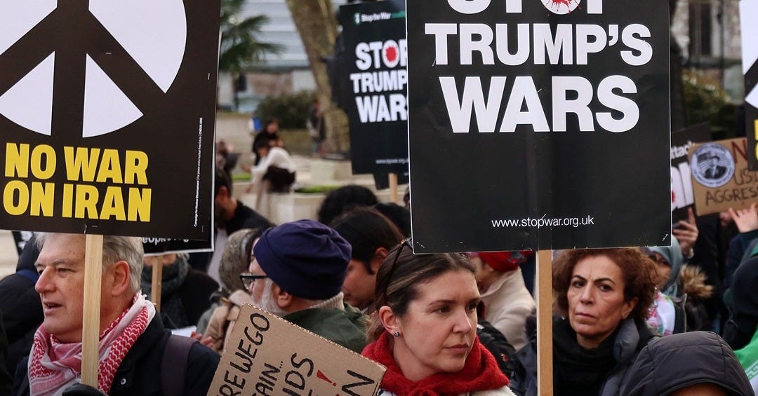 May be an image of text that says 'ทชอมาา Fogto Stop the War coalition STOR TRUMP'S TRUMP WAR WARS NO WAR ON IRAN Hac www.stop/wer.d rg.uk www.stopwer.crg.uk .uk Pro-Iran Pro-Iranprotesters Iran protesters march in London'