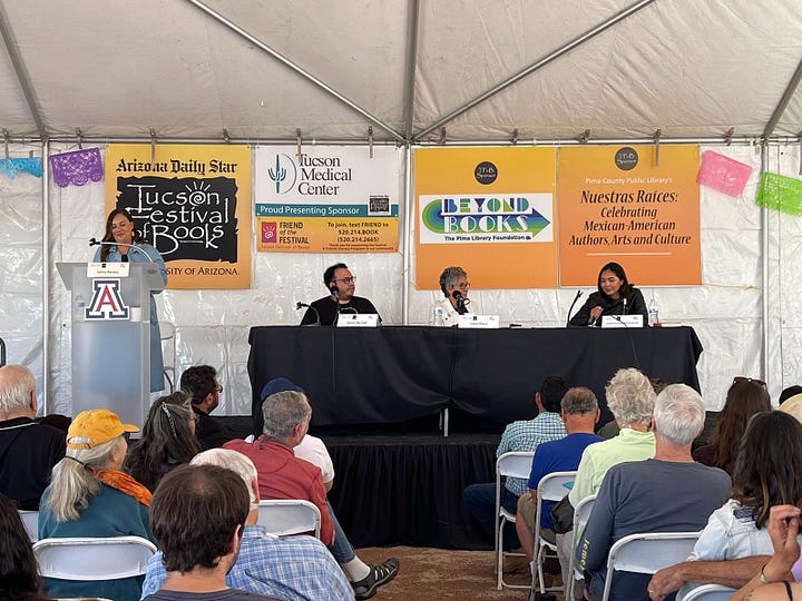 Henry Barajas at the Tucson Festival of Books "Tucsones Voces" panel at the Nuertras Raices stage on the U of A Mall.