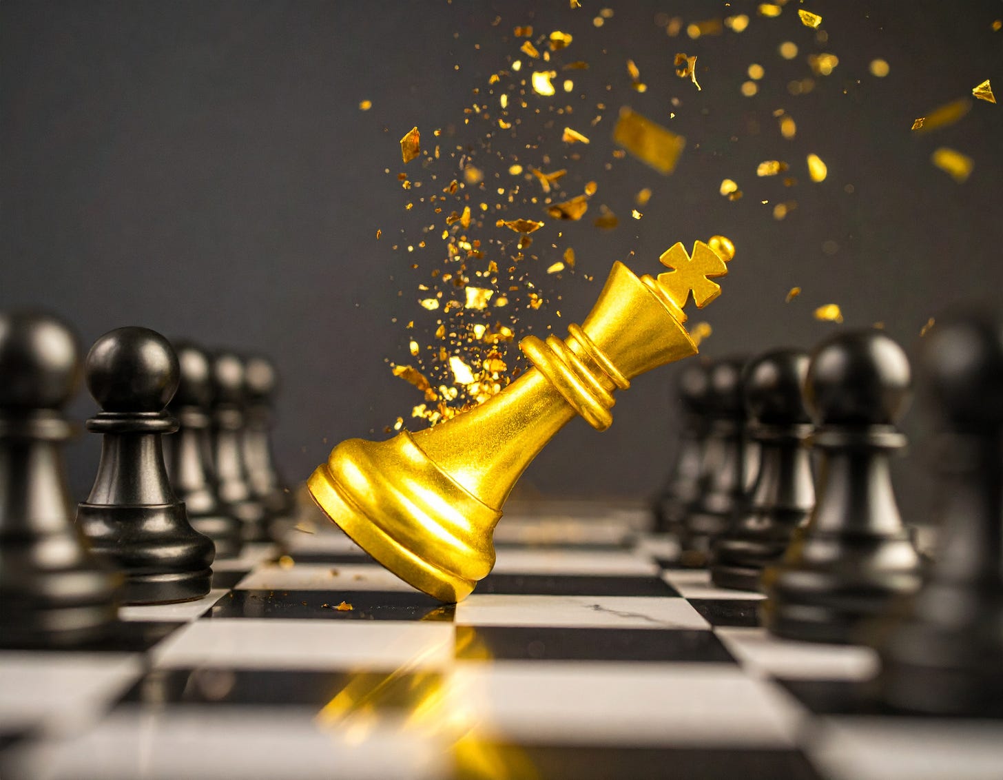 A gold chess king shatters mid-fall between rows of black pawns, symbolizing corrupt power being overthrown