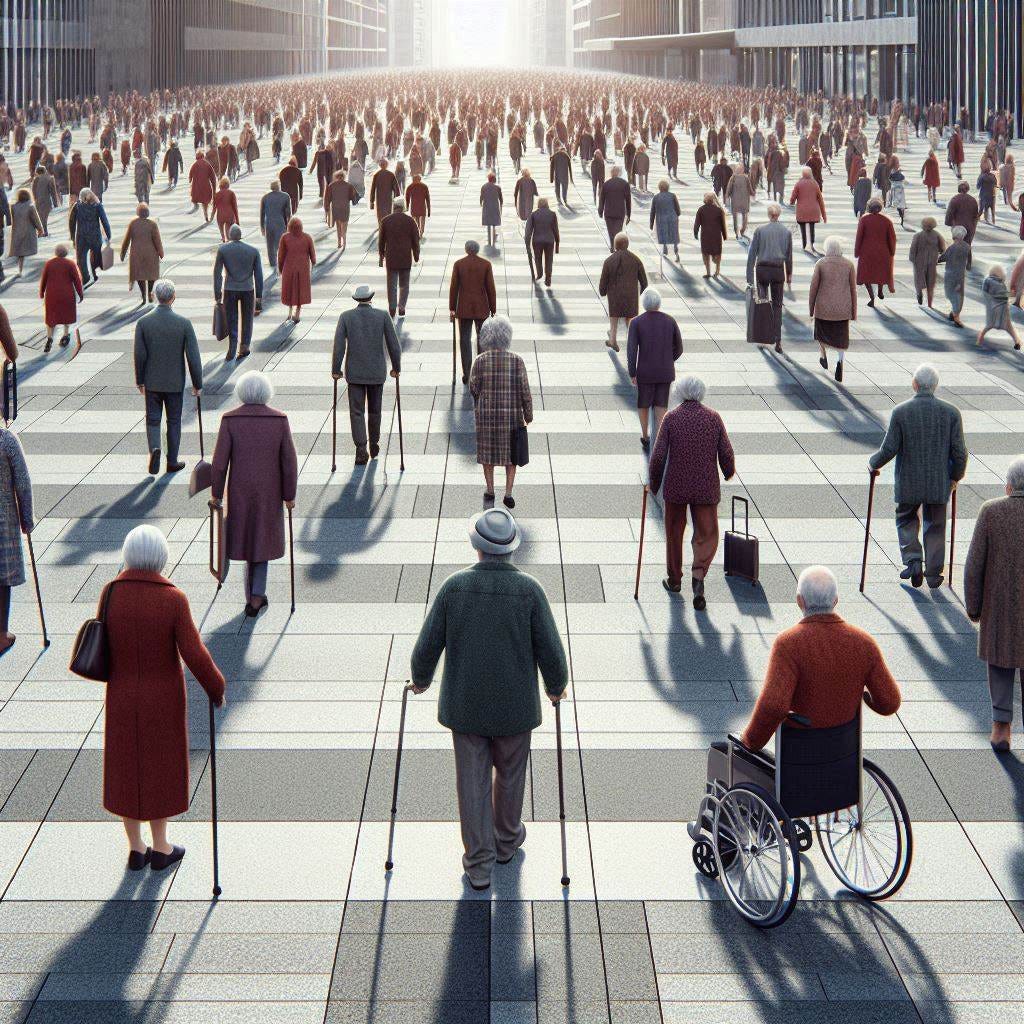 A busy city square peopled only by old and decrepit people walking on their crutches or walkers, or canes, or wheelchairs. 