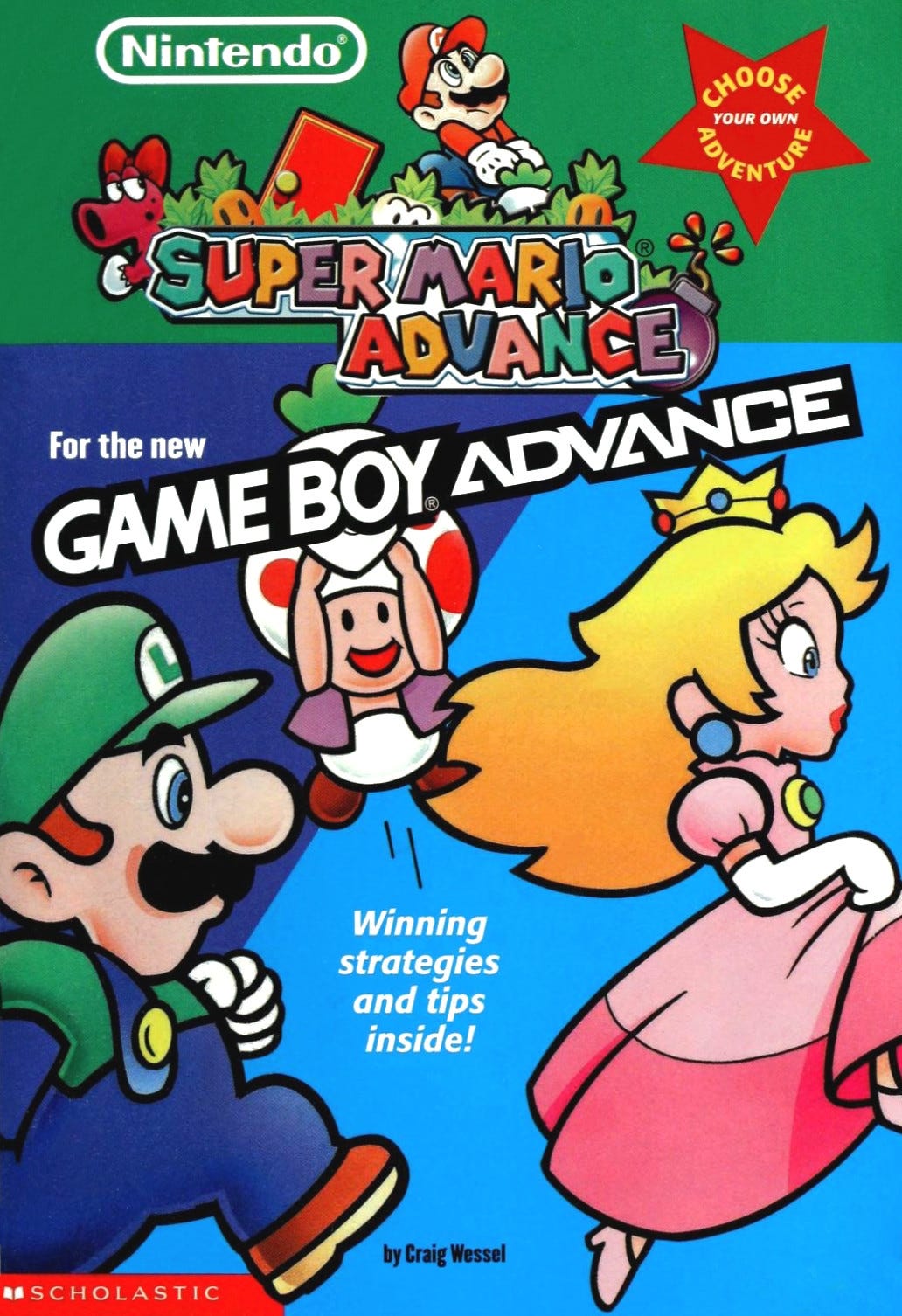 Cover of the choose your own adventure guidebook for the Game Boy Advance, featuring colorful artwork of Mario, Luigi, Princess Peach, Toad, and Birdo. The cover highlights the Nintendo and Scholastic logos, a "Choose Your Own Adventure" starburst, and text promoting "Winning strategies and tips inside!"
