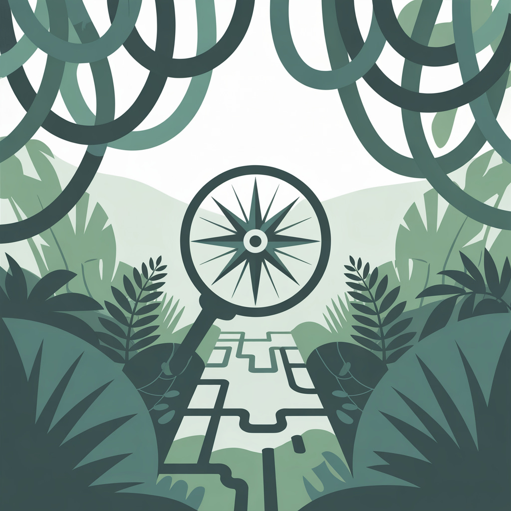 “Stylized illustration of a compass set within an abstract maze and jungle-like overgrowth. Symbolizes the complexity of navigating the U.S. healthcare system and the need for professional care navigation support.”