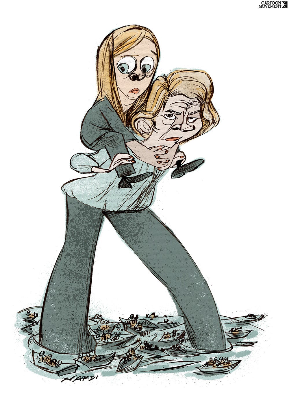 Cartoon showing Prime Minister Meloni on the back of the President of the EU Commission Ursula von der Leyen as she wades through a see full of migrant boats.