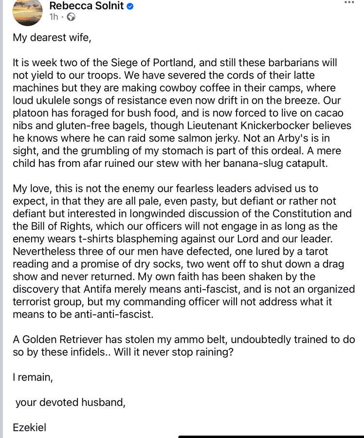 A screenshot of a social media post with text. The text includes "My dearest wife," "Siege of Portland," and "Ezekiel" in a serif font. A profile picture shows a person with short hair and a neutral expression, labeled "Rebecca Solnit." A watermark from X is visible at the bottom.