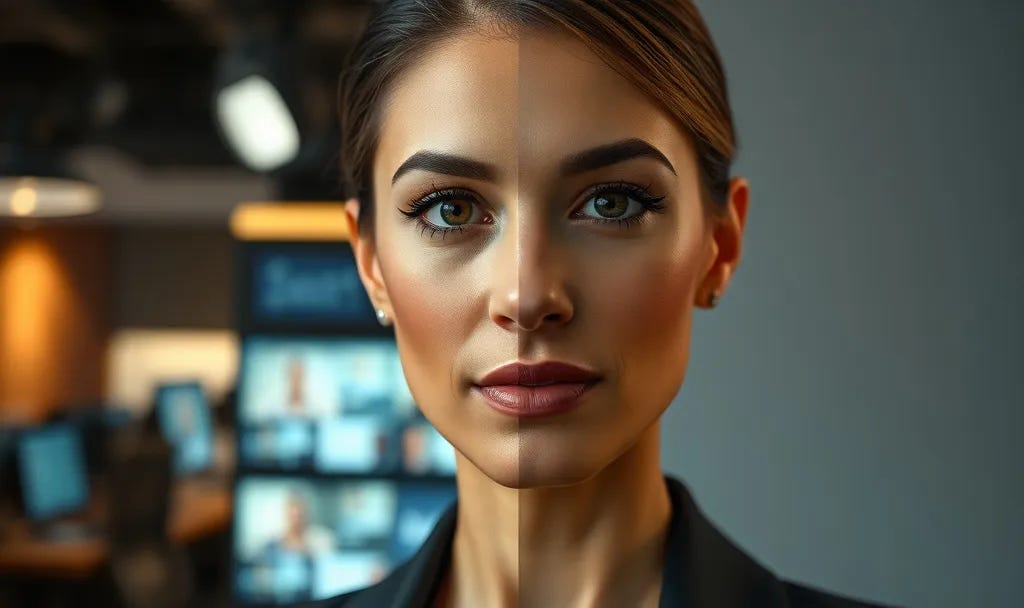 Portrait of a woman split down the middle, with one side in a TV newsroom setting and the other against a plain background, representing the contrast between a professional on-air identity and a more personal self.