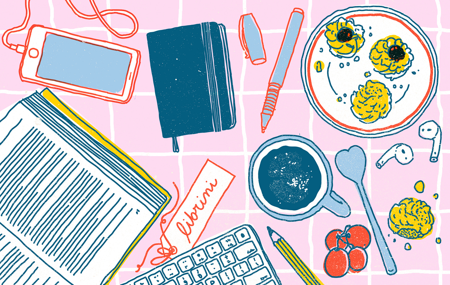 un'illustrazione colorata che mostra tutti gli elementi di Librini: libri, tastiera di un pc, agenda, matita, penna, cuffiette, stoviglie e alimenti per la colazione