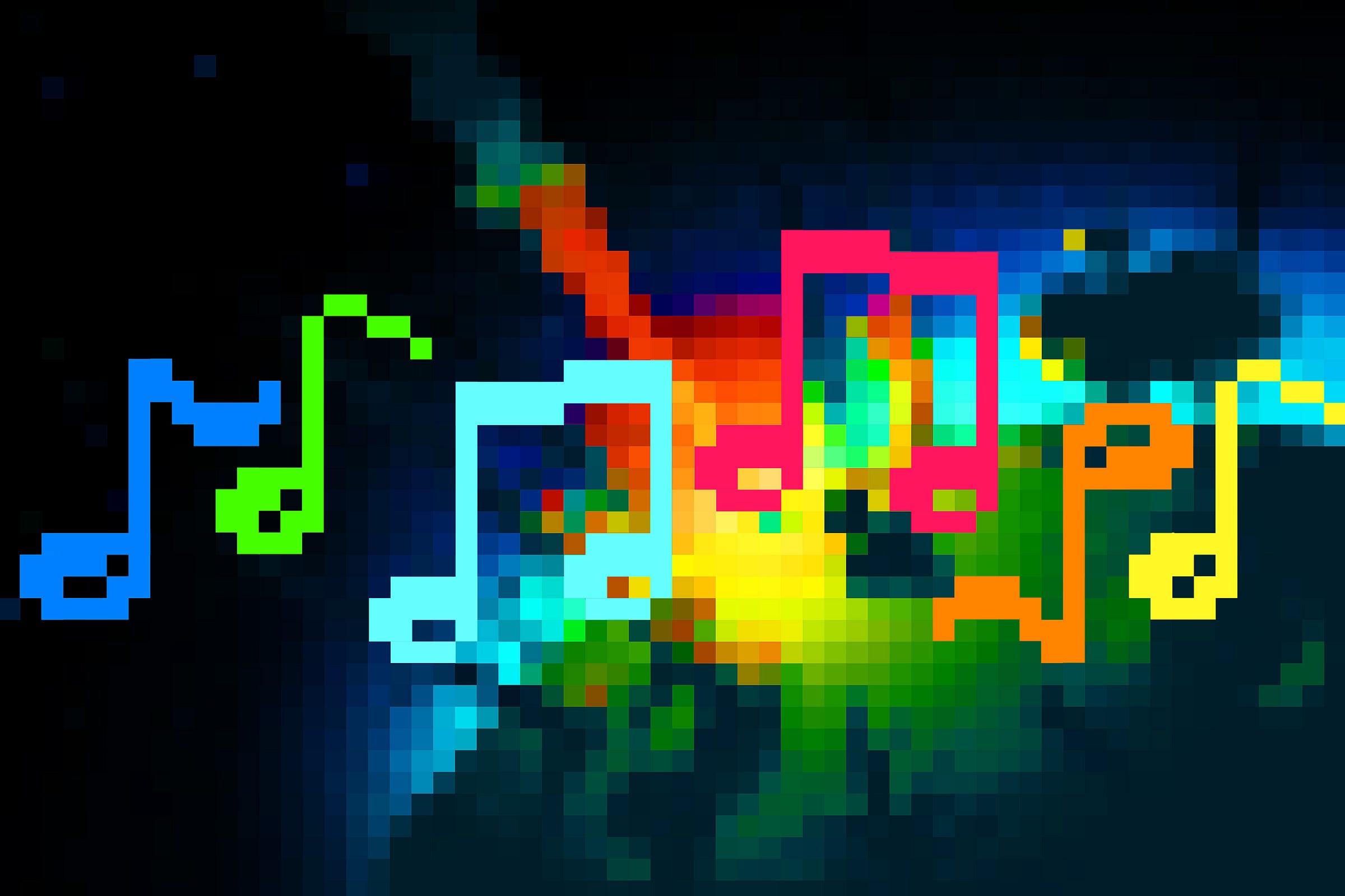 Colorful 16-bit illustration of dark greens, blues, and oranges with six brightly colored music notes in a line across the center.