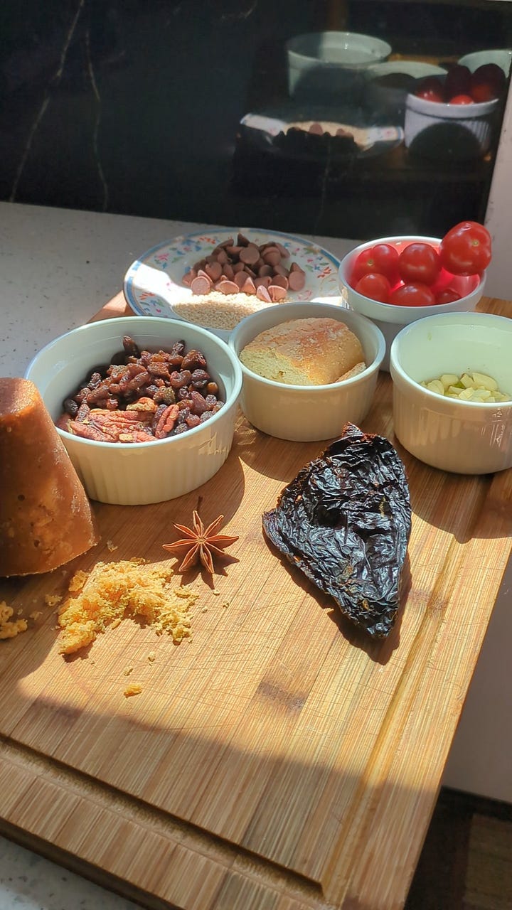 A batch of mole I made. The 10 ingredients it took me to make that batch.