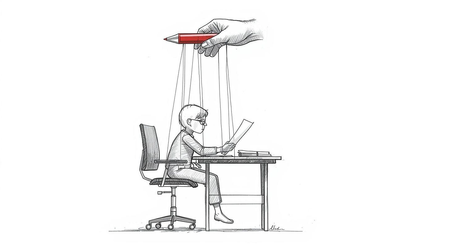 Hand puppet seated at editor's desk corrects a document held by its own puppeteer Hand puppet seated at editor's desk corrects a document held by its own puppeteer