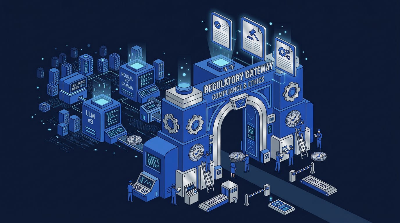Flat isometric illustration of a giant regulatory gateway standing before multiple frontier AI models, tiny compliance officers attaching official certification badges while digital rulebooks float above the entrance, royal blue and silver color palette, clean vector art style, dark background, modern tech editorial aesthetic.