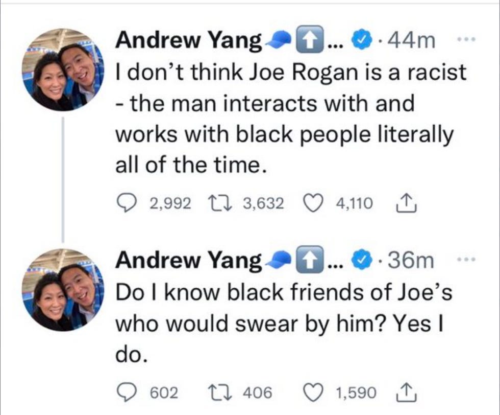 Yang tweet: 'Do I know black friends of Joe's who would swear by him? yes I do.' Yang tweet: 'Do I know black friends of Joe's who would swear by him? yes I do.'