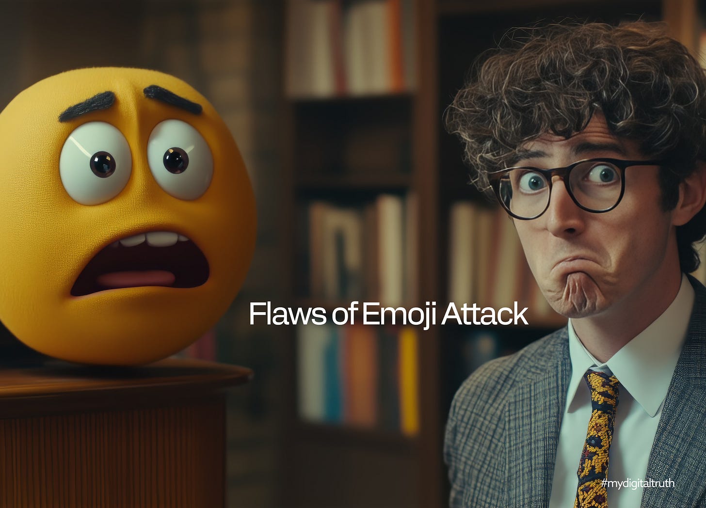 A humorous image showing a man in glasses with a confused expression sitting next to a giant emoji face with a shocked expression. The background is a cozy library with bookshelves. The text on the image reads 'Flaws of Emoji Attack' with the hashtag '#mydigitaltruth' in the corner.